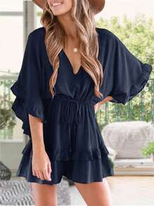 Saodimallsu Womens Ruffle Layered V Neck Beach Romper Drawstring Waisted Shorts Jumpsuit - Navy Blue - View 2