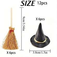 12Pcs Mini Witch Hats Brooms Set Halloween Party Decorations Supplies Witch Hat Broom Party Table Scatter For Halloween Birthday Wedding DIY Crafts