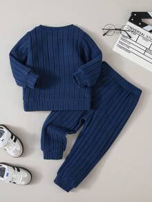 2 件套男童罗纹针织圆领长袖上衣和慢跑裤套装，秋冬休闲装 - 藏蓝色 - 查看 3
