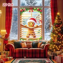 1pc Christmas Decoration Window Banner, Featuring A Gingerbread Man Wearing A Santa Hat, Peeking Through Blinds With A Cheerful Smile, Decorated With Christmas Ornaments, Holly Leaves, And Bows, Conveying The Whimsical And Joyful Spirit Of Christmas, 47.2x31.5 Inch Polyester Window Valance Decor Holiday Background Window Banner For Indoor Photo Display