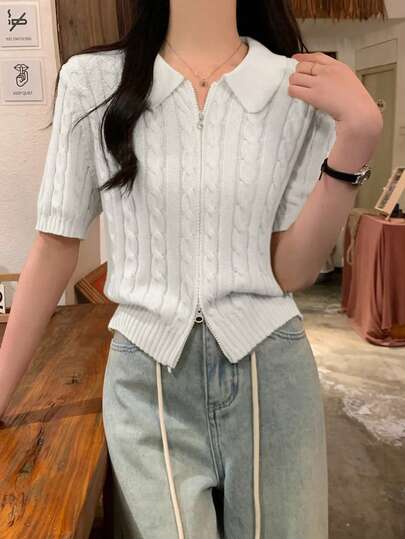 Áo len cardigan cổ polo bó sát mùa hè cho nữ, áo len dệt kim ngắn giúp thon gọn