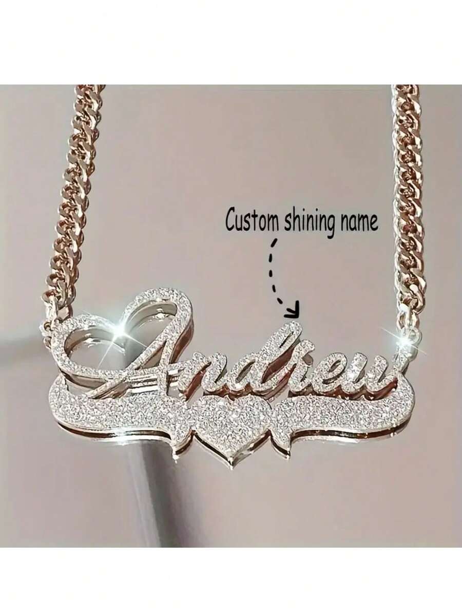 Customized Name Heart Pendant Necklace - Personalized Shiny Name Charm Set With Stainless Steel Chain - Perfect Gift For Birthday, Anniversary And Special Occasions - Punk Retro Style - Multicolor - View 1