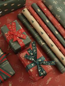 4Pcs Kraft Christmas Wrapping Paper - 29.1" X 19.7" Cartoon Gift Wrapping Paper Red, Green, And Yellow Tissue Paper - Christmas Decorations, Gifts For Men And Women, Party Favors