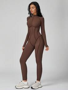 MASKERT 女士瑜伽连体衣，带可拆卸胸垫，速干，高弹，亲肤舒适 - 巧克力棕 - 查看 7