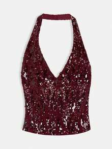 Women Y2k Halter Tank Tops Sparkly Sequin Summer Crop Tops Sleeveless Slim Fit Deep V Neck Open Back Vest Shirt Backless Glitter Going Out Tops Vintage Streetwear Fairy Aesthetic Clothes - 酒紅色 - 查看 5