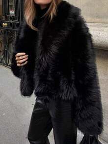 DEEKA Autumn/Winter New Thickened Faux Fox Fur Collar Fashionable Short Coat, Synthetic Fur Effect, Youthful Vibe Black - Black - View 9