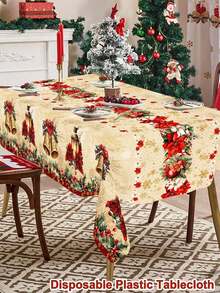 1 件复古圣诞塑料桌布，130x220 厘米乡村圣诞一品红铃铛一次性桌布，适用于长方形桌子，圣诞派对装饰，非常适合家庭厨房餐桌装饰、餐桌布置和礼物创意，2025 年圣诞装饰 - 彩色 - 查看 5