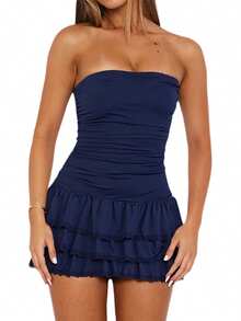 Women's Strapless Backless Tube Top Dress Cute Strapless A Line Flowy Short Ruched Party Club Bodycon Mini Dress - Azul - Ver 7