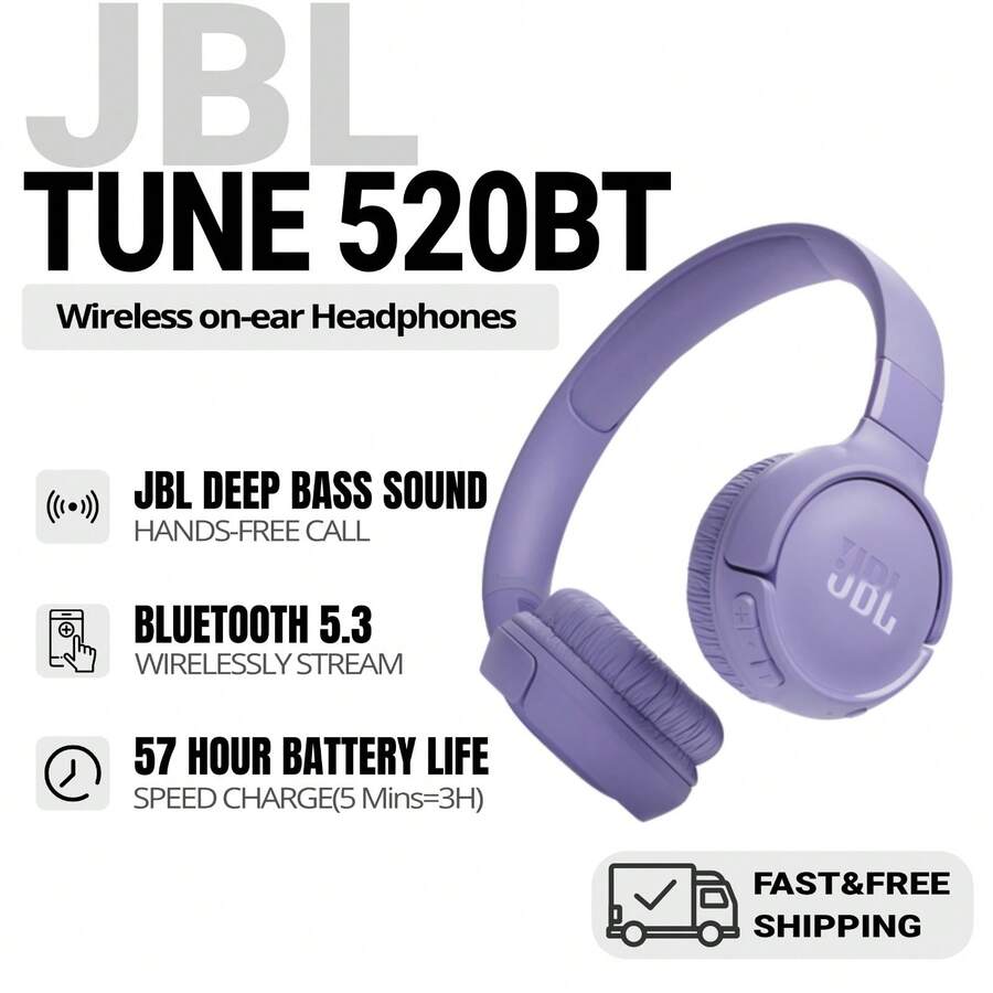 JBL TUNE 520BT 蓝牙耳机，无线降噪耳机，57 小时超长续航，蓝牙 5.3 - 紫色 - 查看 1