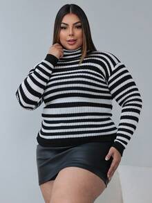 Cacharrel Plus Size Blouse With Stripes, High Neck, Ribbed, Second Skin - 黑白 - 查看 2