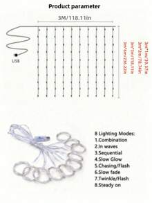 1 300/200/100 LED Vorhang Lichterkette, Fairy Light Streifen mit Fernbedienung, 8 Modi 298,7*298,7/201/100 cm Vorhang Licht, USB-betriebene LED Vorhang Lichterkette, praktischer USB-Anschluss, Metall Vorhang Lichterkette Aufhängevorrichtung, Helligkeit im Schlafbereich
