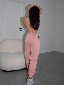 Pantalones De Cintura Alta Para Mujer Con Bolsillos En Diagonal Y Costura al frente - Rosa - Ver 3