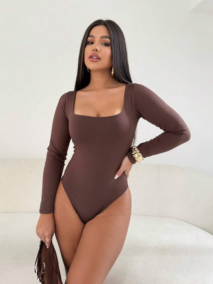Bodysuit Leotard Shaping Square Neck Long Sleeve Gringa Moda Blogger - 咖啡棕 - 查看 1