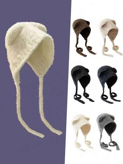 1pc The Lady Is Wearing A Cute Hat With Ears.Women Y2k Winter Solid-Color Hats-Suitable For Outdoor Parties, Camping And Mountain Climbing-Christmas Gifts For Girlfriend, Family Members And Sisters' Birthdays