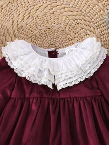 BOARNSEORL Baby Girls Velvet Dress With Contrast Color Ruffle Collar, Long Sleeve Dress, Fashionable & Elegant, Suitable For Autumn/Winter Everyday, Outing, Party, Birthday, Christmas - Burgundy - View 5