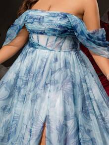 VIPGIRL 优雅蓝色花朵露肩大码礼服，高开衩，薄纱覆盖，长款正式晚礼服，女士公主风格舞会礼服，婚礼宾客礼服，奢华舞会礼服，女士派对礼服 - 藍色 - 查看 11