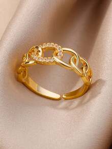 1 Pc Vintage Cubic Zirconia Cuban Chain Ring For Women Gold Color Stainless Steel Geometric Ring Wedding Engagement Party Jewelry Christmas Gift