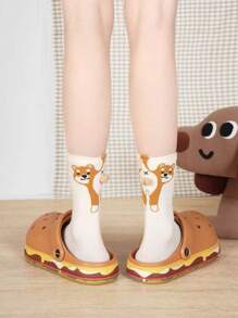 3 双随机小狗和鸡蛋设计百搭可爱卡通小狗中筒袜，适合春季、夏季、秋季