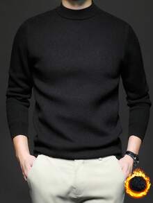 男士立领长袖纯色休闲套头毛衣，秋冬季保暖厚针织衫 - 黑色 - 查看 2