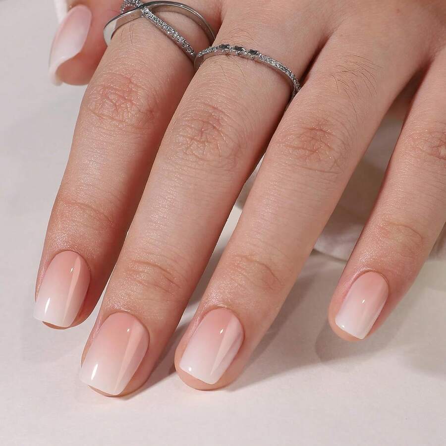 Square Ombre Press On Nails Short - Soft Gel Press On Nails With Nail Glue,Supremely Fit Natural Reusable Stick On Nails In 16 Sizes - 32 Fake Nails Kit,Cream Ombre
