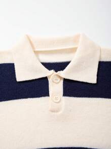 休闲条纹撞色 Polo 领轻薄修身套头针织衫，男女皆宜，秋冬款