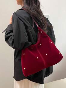 New Fashion Handbag, Sexy Girl Style Tote Bag, Rivet Bag, Ladies Commuter Personalized Velvet Crossbody Bag - Burgundy - View 7