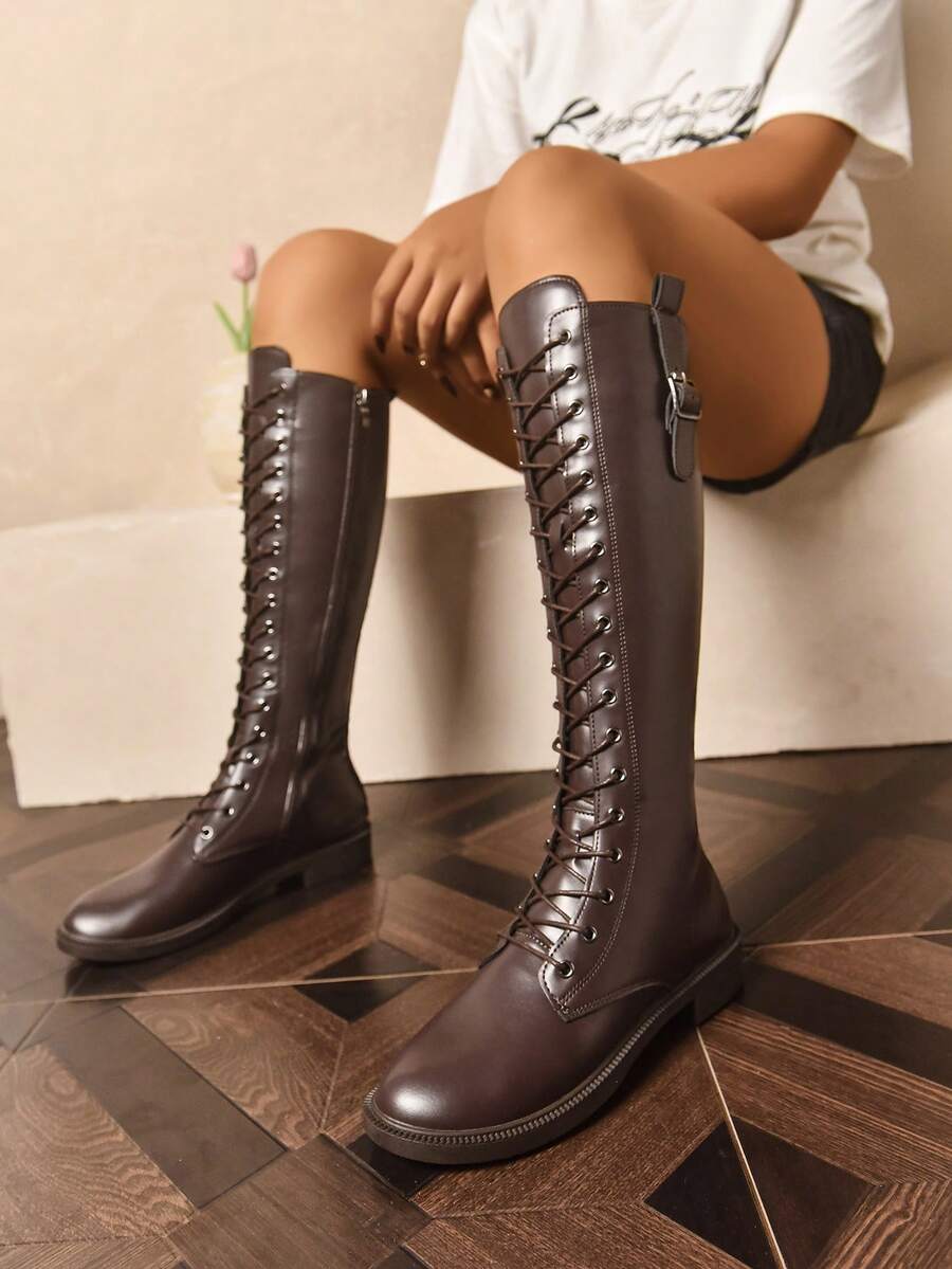 女士过膝长靴,时尚秋冬黑色系带侧拉链机车靴,过膝骑行靴。适合日常穿着,及膝长靴,系带靴,秋季穿着,出席宴会、派对、时装秀等场合,中筒靴,过膝长靴,日常鞋履。 - 棕色 - 查看 1