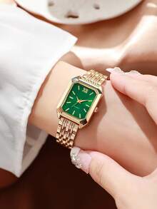 1 件女士休闲时尚方形表盘石英腕表，带钢带，时尚钟表（不含表盒） - 金色 - 查看 3