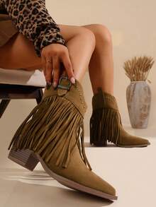 Western Style Boho Buckle Decor Fringe Rivet Wedge Slip-On Loafers, Versatile Western Ankle Boots, Solid Color Boots - Dark Brown - View 4