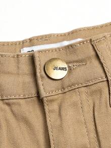 Quần short denim đen cho bé trai thêu logo, màu giặt cũ, cạp chun có thể điều chỉnh, quần short denim Bermuda co giãn - Màu Khaki - Xem 4