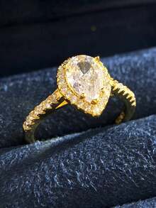 1 Pair S925 Sterling Silver Exquisite Waterdrop Zirconia Ring For Women Fine Ladies Jewelry Gift Party Gift Birthday Gift Daily Wear - Gold - View 4