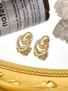 1 Pair Simple Personalized Fashion Creative Niche Design Silver Twist Circle Stud Earrings, Suitable For Daily Wear For Women - 金色 - 查看 2