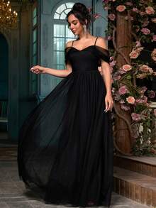 女士优雅鸡尾酒会礼服，正式长款开叉大腿晚间婚礼宾客礼服，金属面料，适合正式派对、毕业派对、婚礼、舞台表演、单身派对、春夏秋 - 黑色 - 查看 4