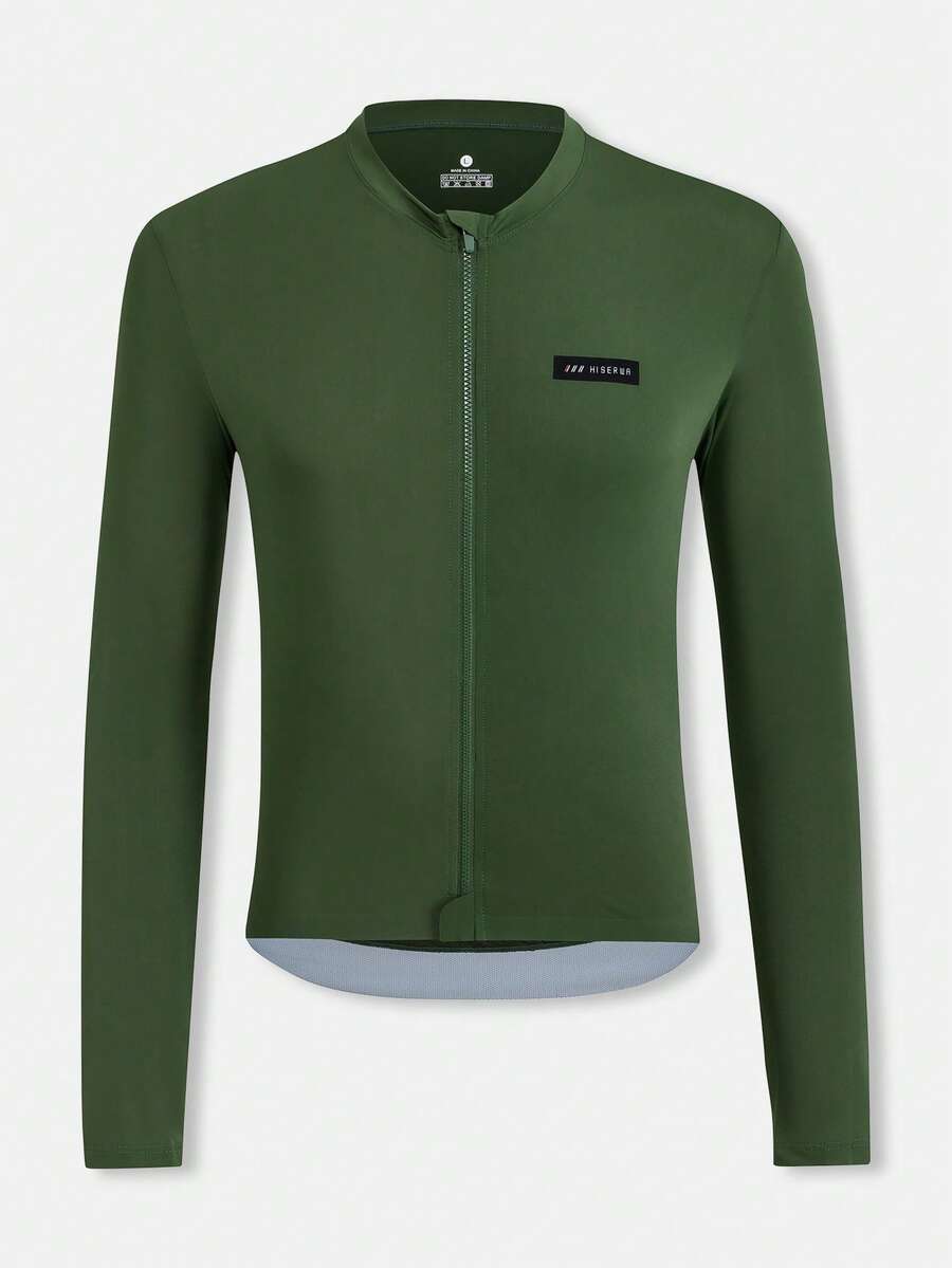 HISERWA Maillot de cyclisme pour hommes vert olive à manches longues avec petit col montant. Très extensible, respirant et séchage rapide. Manches longues de cyclisme avec capacité d'étirement maximale en tissu tricoté. Coupe slim. Design avec bande réfléchissante sur l'ourlet arrière. Maillot de cyclisme compétitif slim pour hommes, convient pour la course et le cyclisme outdoor. - Vert - Voir 1