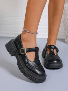 女士新款洛丽塔风粗跟黑色乐福鞋,法式英伦玛丽珍鞋,情人节心形鞋面设计,心形鞋面,金属扣鞋,复古圆头乐福鞋,新款学院风商务正装办公平底鞋(黑色) - 黑色 - 查看 8