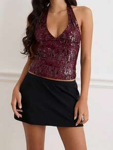Women Y2k Halter Tank Tops Sparkly Sequin Summer Crop Tops Sleeveless Slim Fit Deep V Neck Open Back Vest Shirt Backless Glitter Going Out Tops Vintage Streetwear Fairy Aesthetic Clothes - 酒紅色 - 查看 4