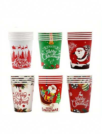 50Pcs Christmas Paper Cups Disposable Coffee Tea Cups 9 Oz Merry Christmas Snowflake Santa Snowman Elk Paper Drinkware Holiday Supplies 6 Styles Random