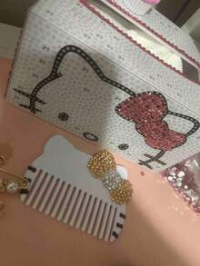 Sanrio 1 件  DIY 水钻彩绘纸巾盒闪亮圆形方形水钻设计粉色和白色格子图案非常适合家居装饰和汽车收纳水钻彩绘收纳礼物生日毕业