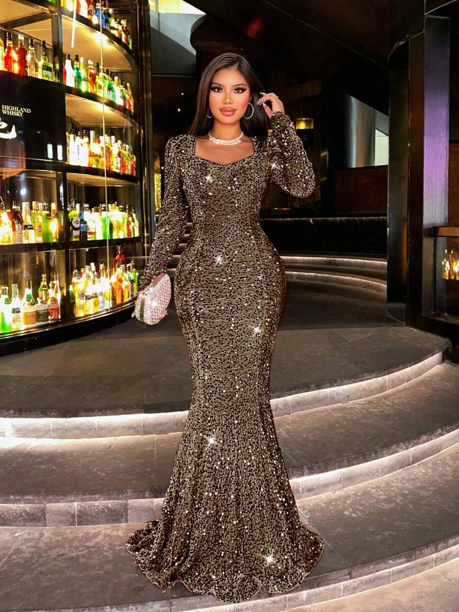 CHOSMO Đầm maxi đuôi cá đính sequin thanh lịch, thích hợp cho tiệc cưới, mùa xuân.