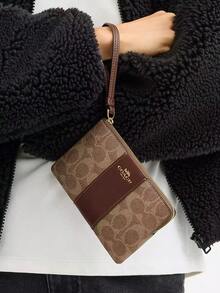 Coach 女士转角拉链腕带钱包小号手腕包真皮手机钱包女式迷你手提包带可拆卸腕带 - 棕色 - 查看 2