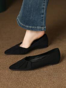 女士低帮休闲鞋，时尚户外厚底鞋，法式百搭优雅淑女鞋，舒适软底尖头平底鞋，一脚蹬褶皱平底鞋，舒适软底工作鞋，春/秋 - 黑色 - 查看 4