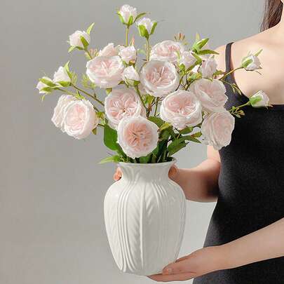 1 件防碎仿陶瓷塑料花瓶，现代简约家居装饰，白色条纹纹理圆柱形设计，优雅多功能装饰花瓶，适用于婚礼、办公室、季节性展示、全年室内/室外使用