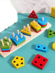 Mainan Kayu untuk Menyortir & Menumpuk, Mainan Susun Pengenalan Warna dan Bentuk, Puzzle Pembelajaran, Hadiah untuk Balita dan Anak Prasekolah, Mainan Edukatif - MultiWarna - View 1