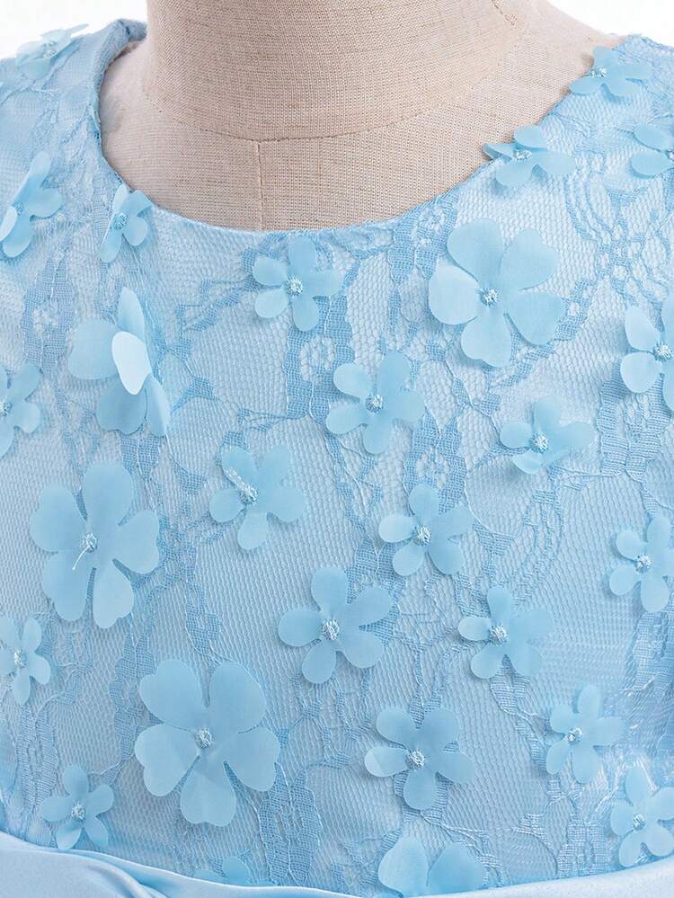 Vestido elegante de niña para fiesta formal, cumpleaños, con cuello redondo, manga larga, encaje, malla 3D con flores y moño, excluye diadema - Celeste - Añade 5