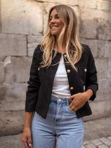 Fashionable & Elegant Solid Color Thick Wool Ribbed Front Button Office Cardigan, Autumn/Winter - Black - View 1