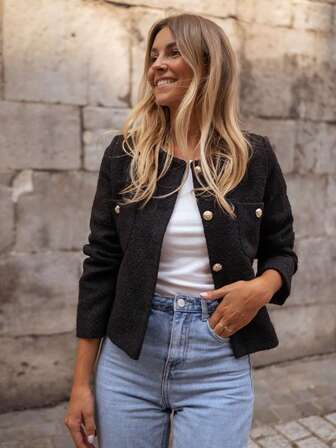 Fashionable & Elegant Solid Color Thick Wool Ribbed Front Button Office Cardigan, Autumn/Winter