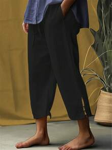 1pc Women's Lightweight 3/4 Harem Pants With Elastic Waistband - White, Black, Loose Fit, Drawstring, Breathable Polyester, Casual Spring/Summer - 黑色 - 查看 1