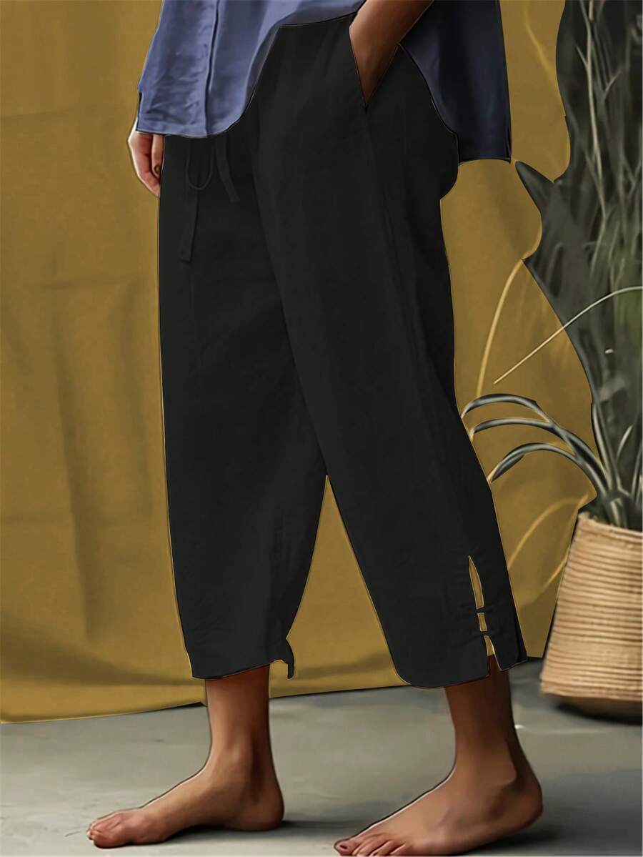 1pc Women's Lightweight 3/4 Harem Pants With Elastic Waistband - White, Black, Loose Fit, Drawstring, Breathable Polyester, Casual Spring/Summer - 黑色 - 查看 1