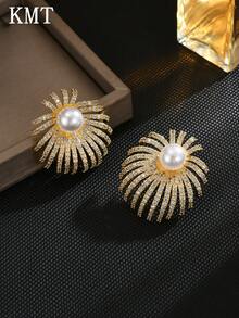 KMT 2pcs Copper Alloy Inlaid Cubic Zirconia & Faux Pearl Exquisite Sparkling Geometric Exaggerated Elegant Women's Fashion Earrings, Suitable For Banquet, Party, Engagement - Fireworks - View 2