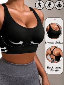 女士无缝瑜伽文胸，防震，工字背设计，轻薄，提拉，无钢圈，纯色交叉肩带，舒适瑜伽内衣，适合室内外运动，透气，性感瑜伽文胸搭配交叉背带瑜伽裤，健身房专用无钢圈文胸，防震，舒适内衣 - 黑色 - 查看 6